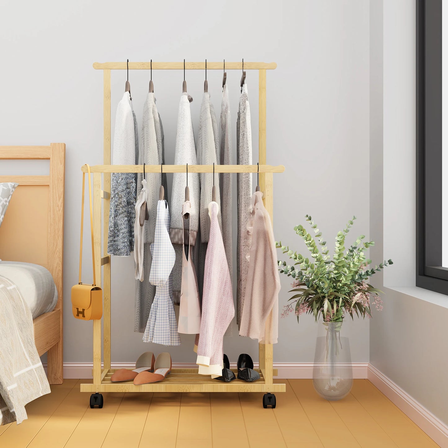 BINGOPAW Bamboo Clothes Rail Rack With Wheels And Storage Shelves