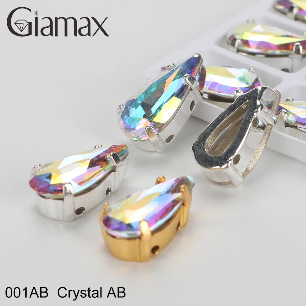 Giamax Tear Drop Glass Crystal Sewing Stone Sew on Rhinestones Gold Silver Claw Rhinestones For Garment Clothes Bags