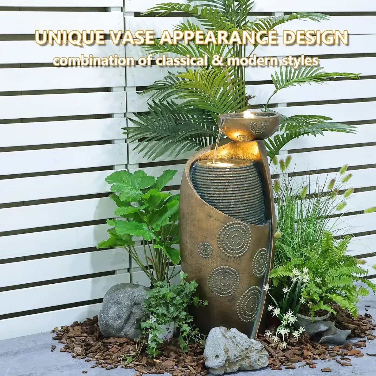 Outdoor Vase Waterfall Fountain With LED Lights And Durable Pump