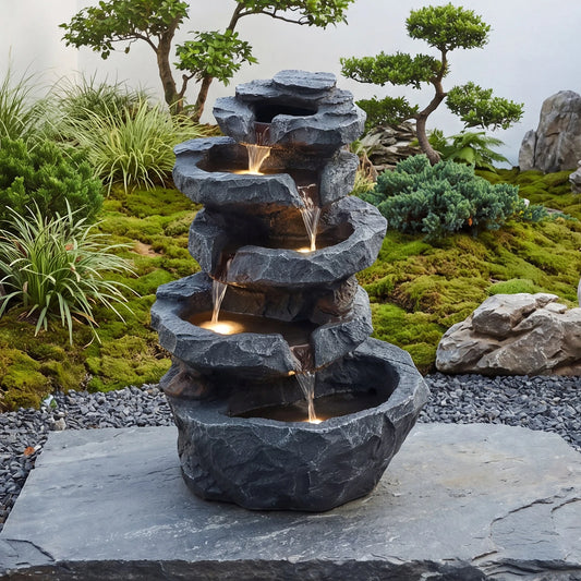 5-Tier Cascading Rock Outdoor Water Fountain With 4 LED Lights For Garden