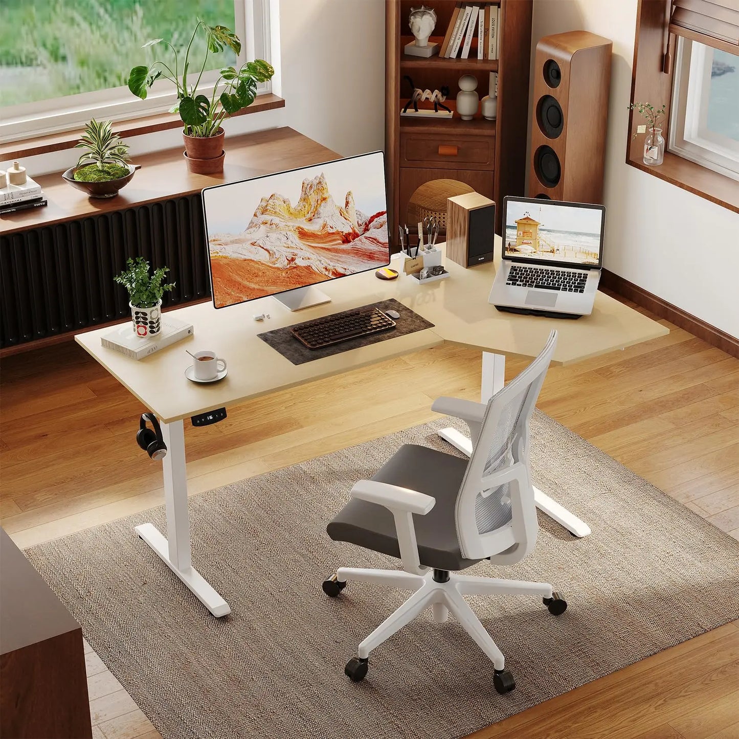 L Shaped Electric Standing Desk – Height Adjustable 59 x 35 Inch Ergonomic Perch Stand Workstation – Memory Preset – Executive Writing Table for Home or Office – US Standard, 59 Inches
