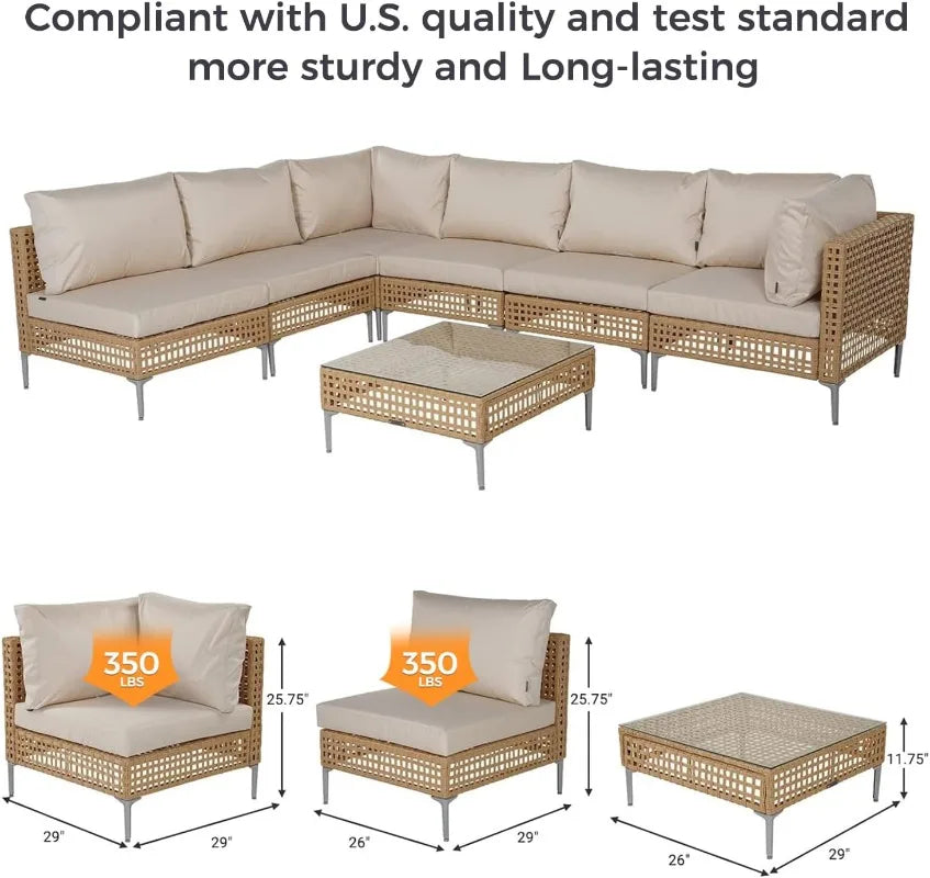 7-Piece Wicker Patio Furniture Set, Boho Outdoor Conversation Set Sectional Sofa with Water Resistant Thick Cushions