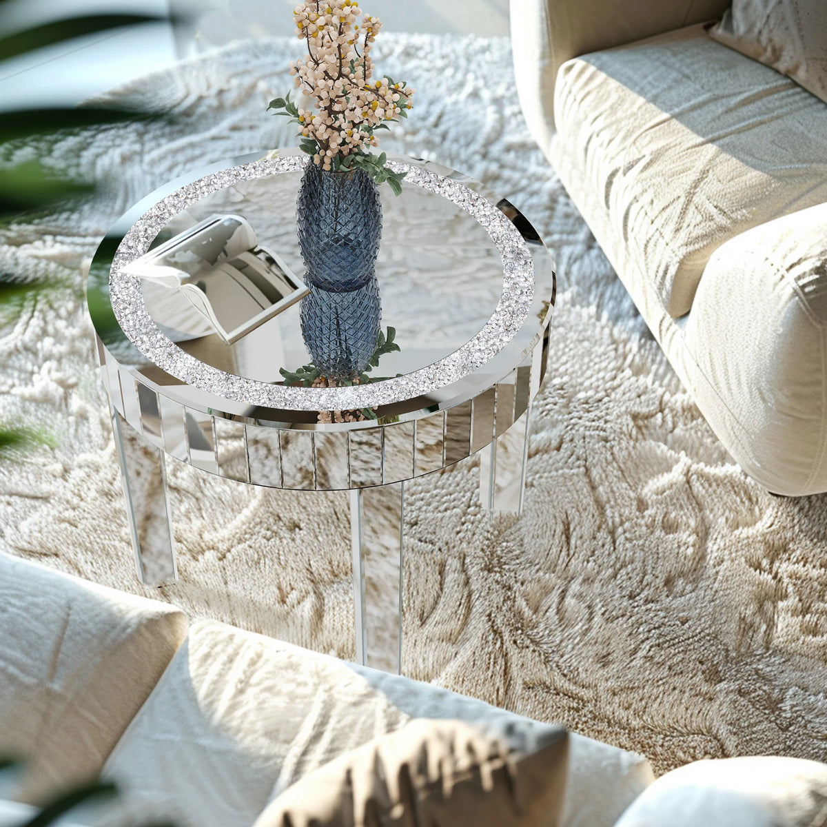 Round Mirrored Coffee Table With Crushed Crystal Design And Metal Frame