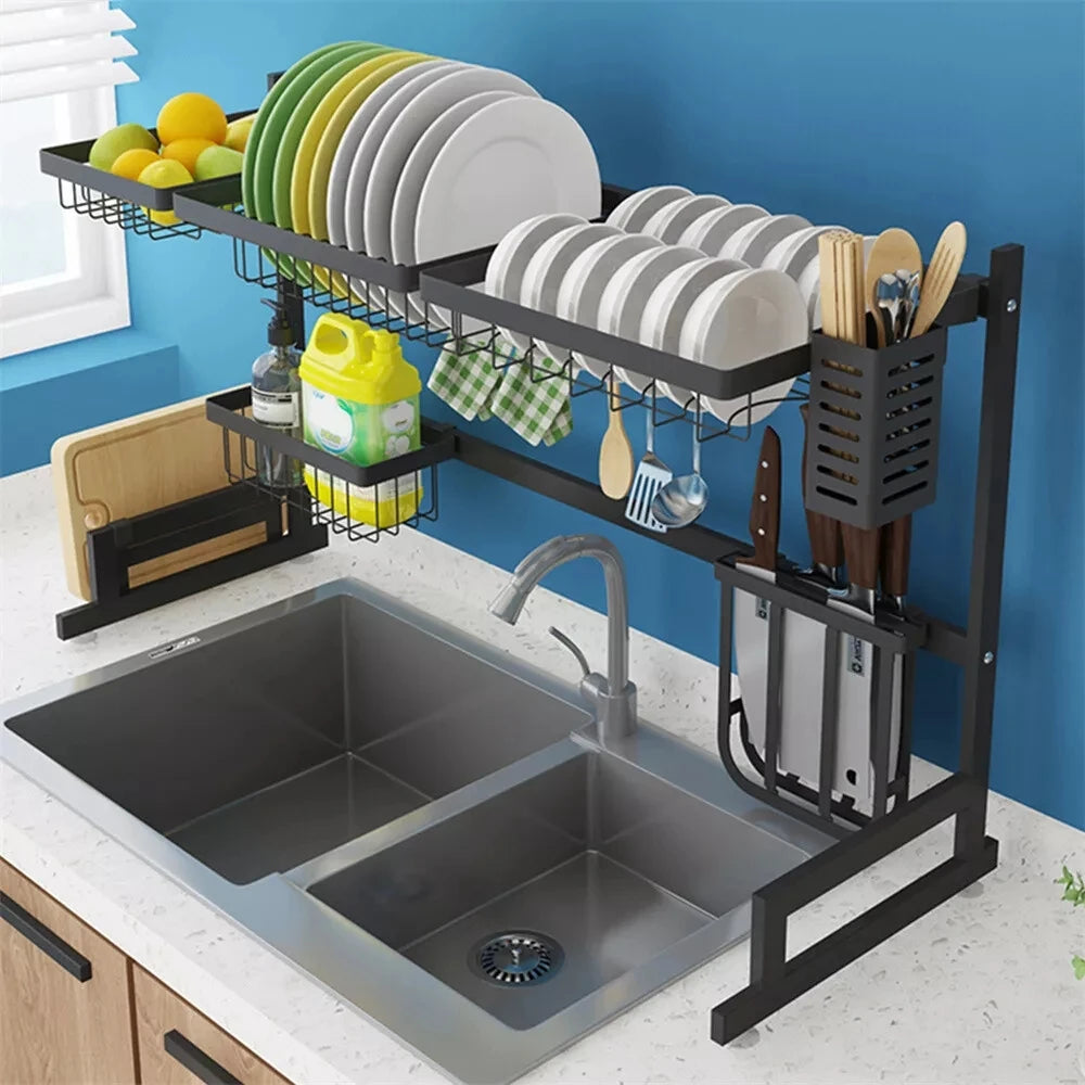 Stainless Steel Over The Sink Dish Rack With Utensil Holder