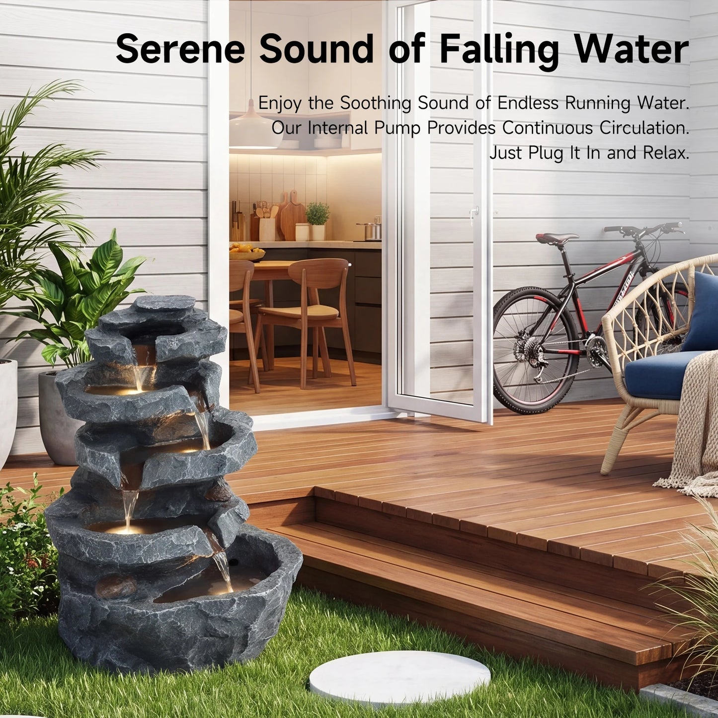 5-Tier Cascading Rock Outdoor Water Fountain With 4 LED Lights For Garden