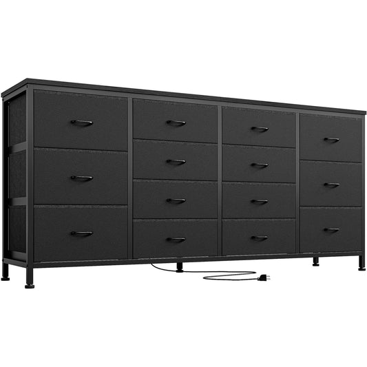 14 Drawer Dresser 63 in Black Fabric Dresser TV Stand with Power Outlet for 65 70 75 in TV Long Entertainment Center for Bedroom