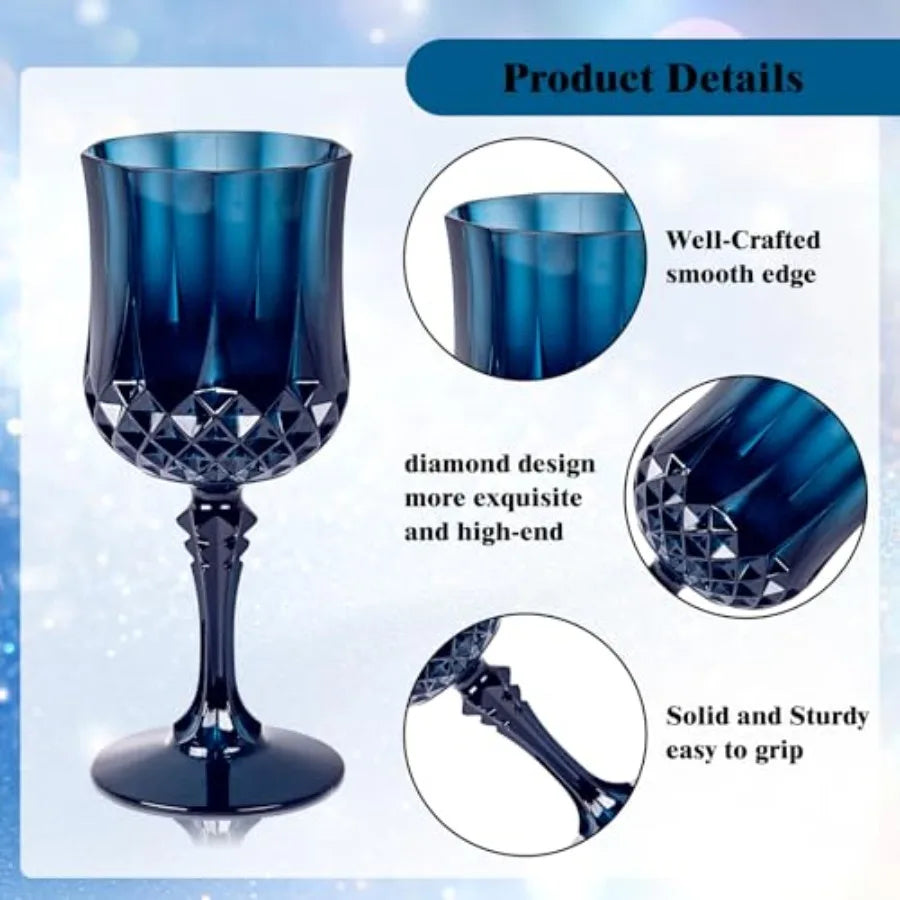 24PCS Blue Plastic Wine Glasses - 7 Oz Plastic Goblets for Party - Blue Vintage Drinking Glasses - Disposable Water Goblets Set