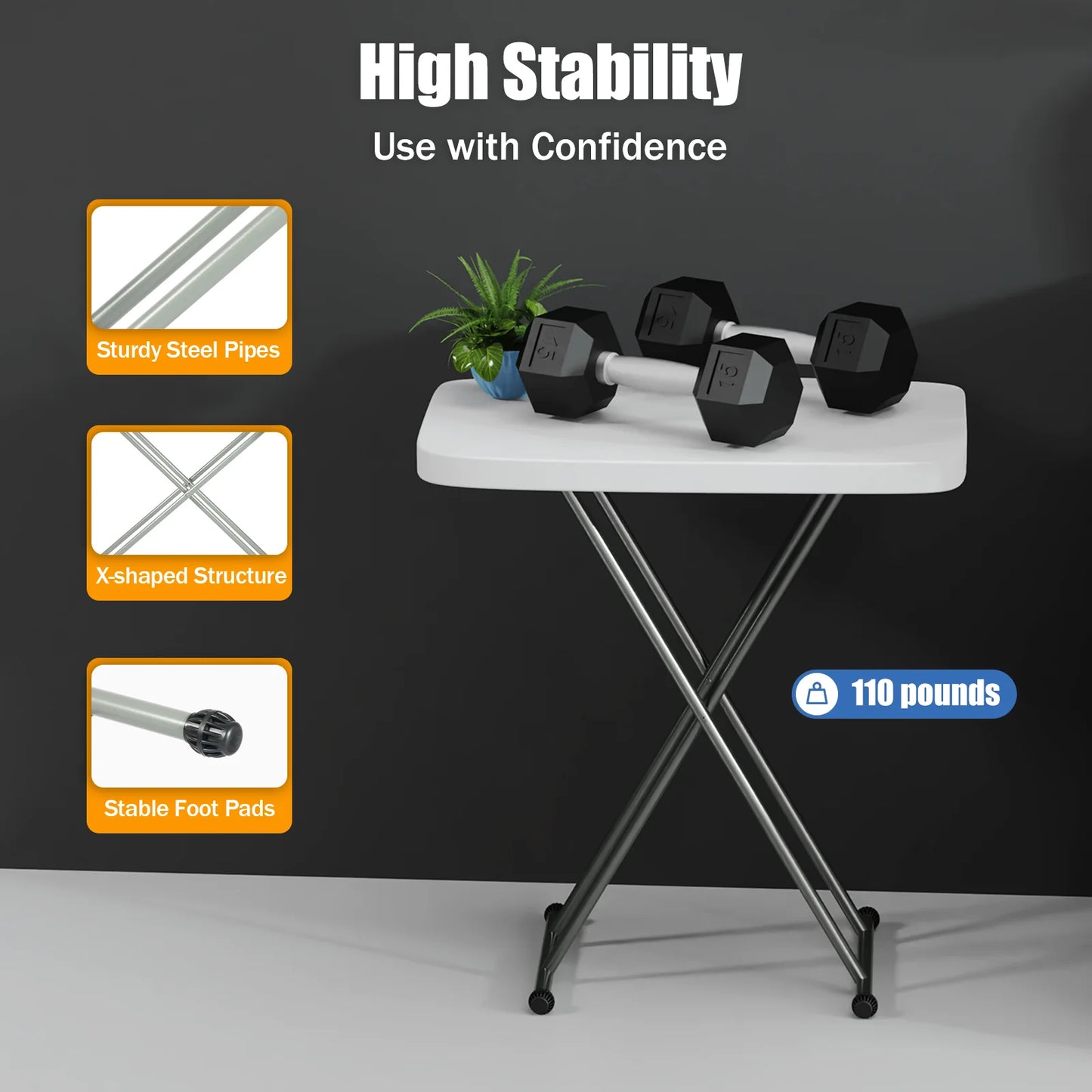 Adjustable Folding Table, 30x20 TV Tray Commercial Grade Laptop Desk Camp Picnic Table for Indoor Outdoor Use, White