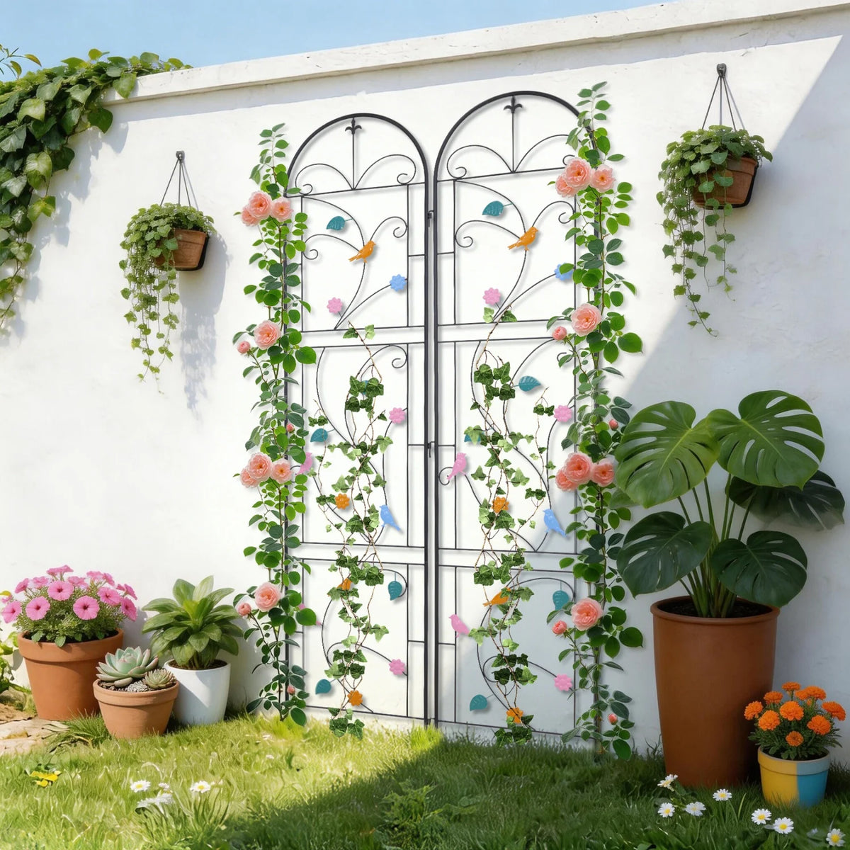 214CM Tall Metal Garden Trellis Rustic Iron Arch Decoration Support Trellis Fence Birds Flowers for Climbing Plants Roses Vine