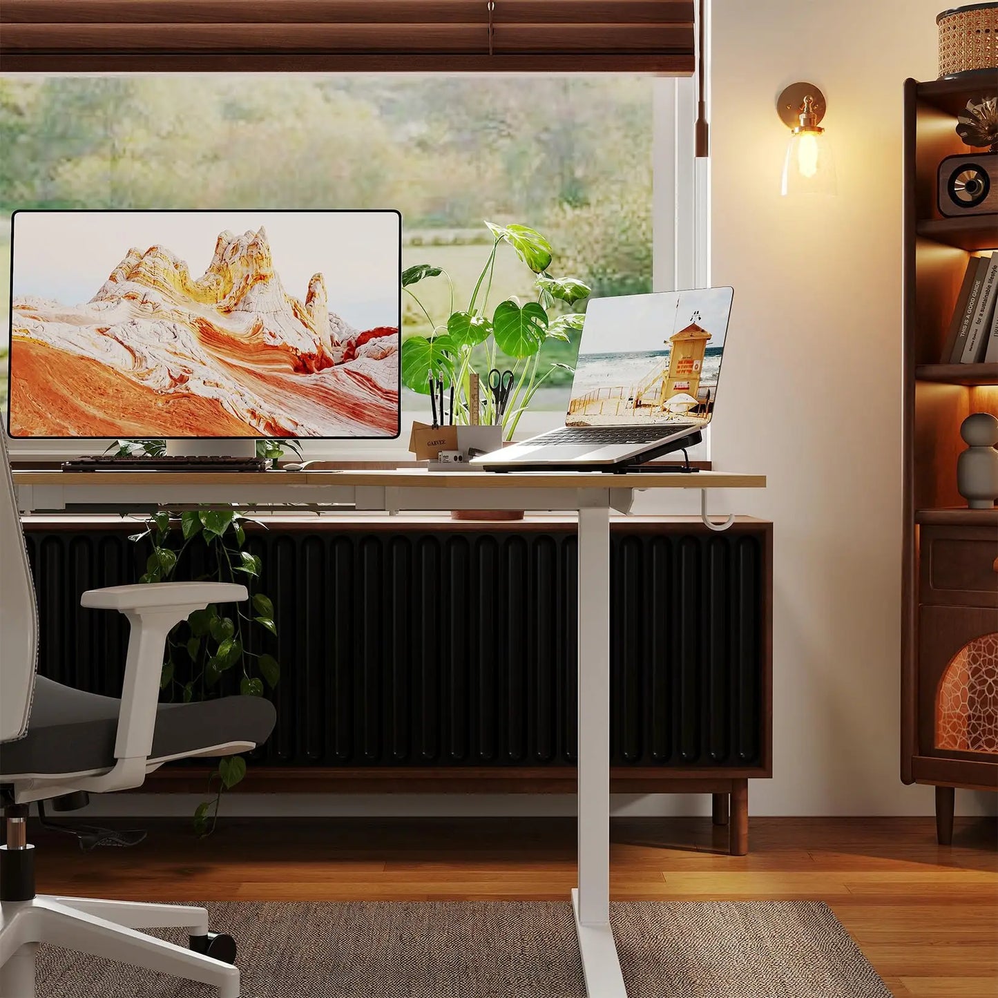 L Shaped Electric Standing Desk – Height Adjustable 59 x 35 Inch Ergonomic Perch Stand Workstation – Memory Preset – Executive Writing Table for Home or Office – US Standard, 59 Inches