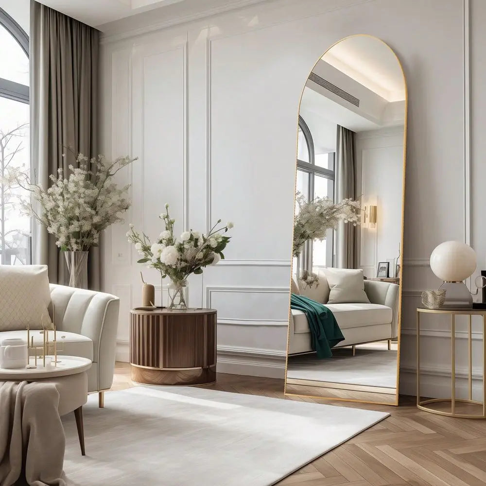 Full Length Floor Mirror With Stand Aluminum Frame Arched Design