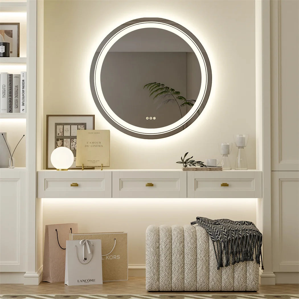 32 Inch Round LED Lighted Bathroom Mirror Wall Mounted Anti-Fog Vanity Mirror with Touch Sensor Backlit for Home
