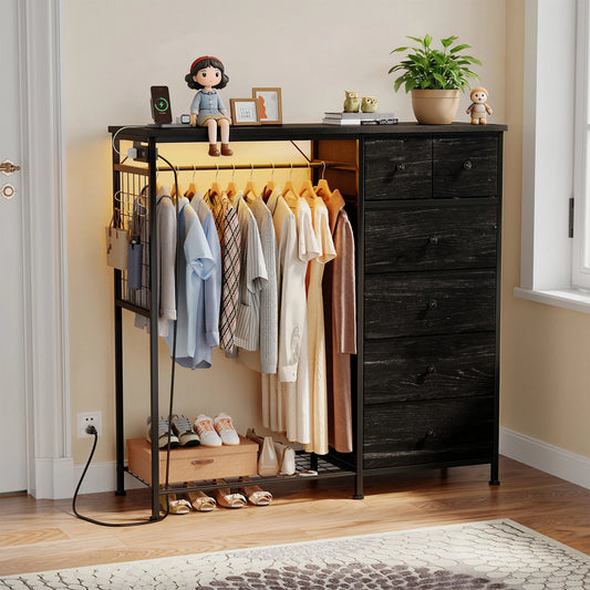 JHK 6 Drawer Fabric Dresser with Hanging Rack for Living Room Closet Storage Organizer with Charging Station and LED Lights for Home Entryway