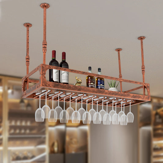 100cm Vintage Bar Floating Shelf Ceiling Mounted Hanging Wine Bottle Holder Shelf Champagne Glass Rack for Bar Home Decor