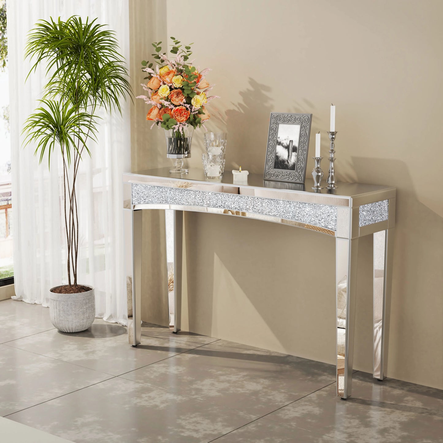 Silver Mirrored Console Table With Crystal Inlay For Living Room