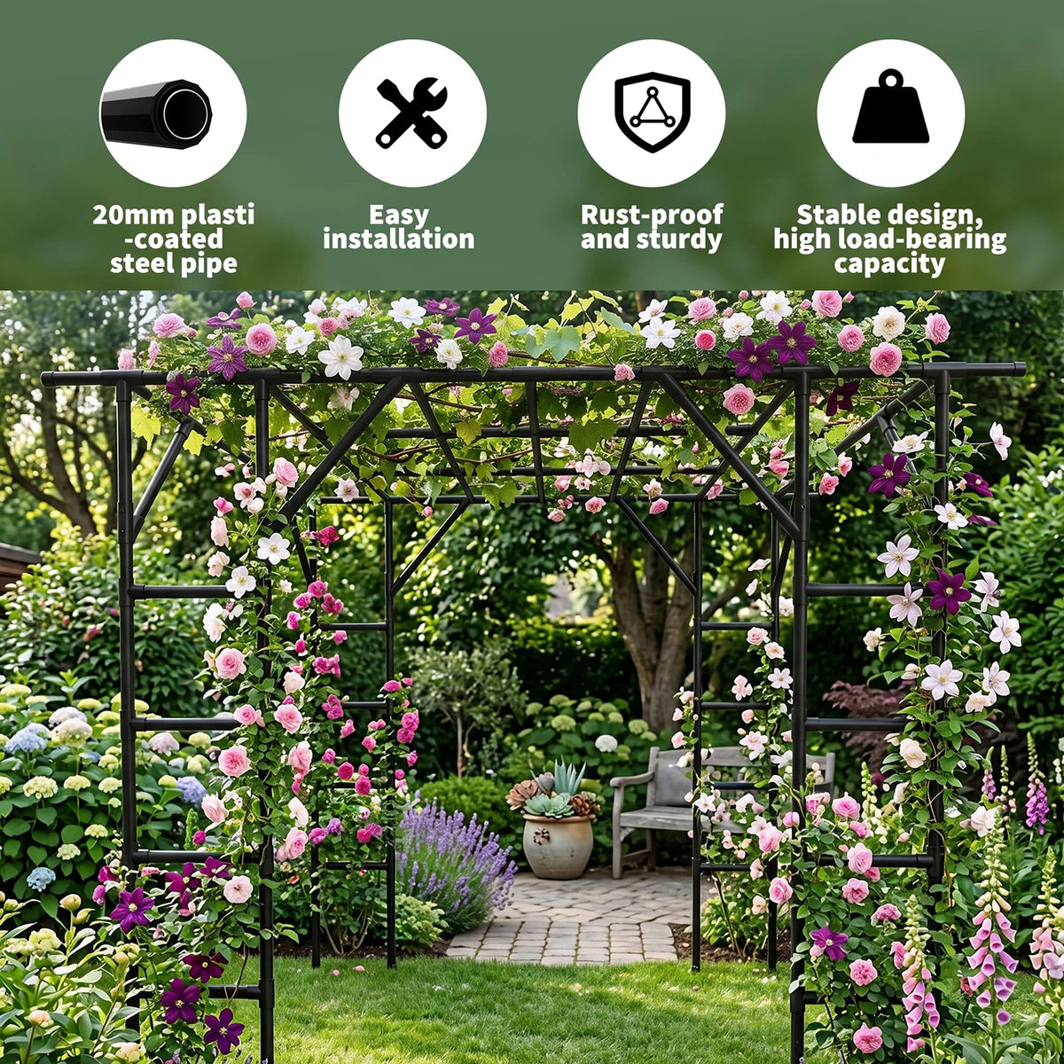 132in Garden Arch Trellis For Cucumber Grape Vine, Heavy Duty Metal Plant Trellis For Climbing Vegetables Flowers Raised Beds