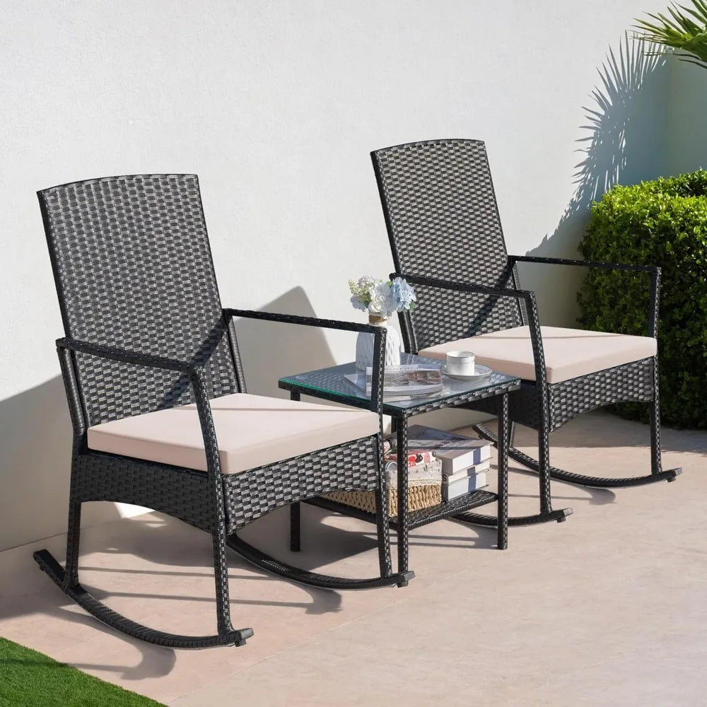Patio Furniture Set Outdoor Wicker Rocking Chairs Glass Coffee Table