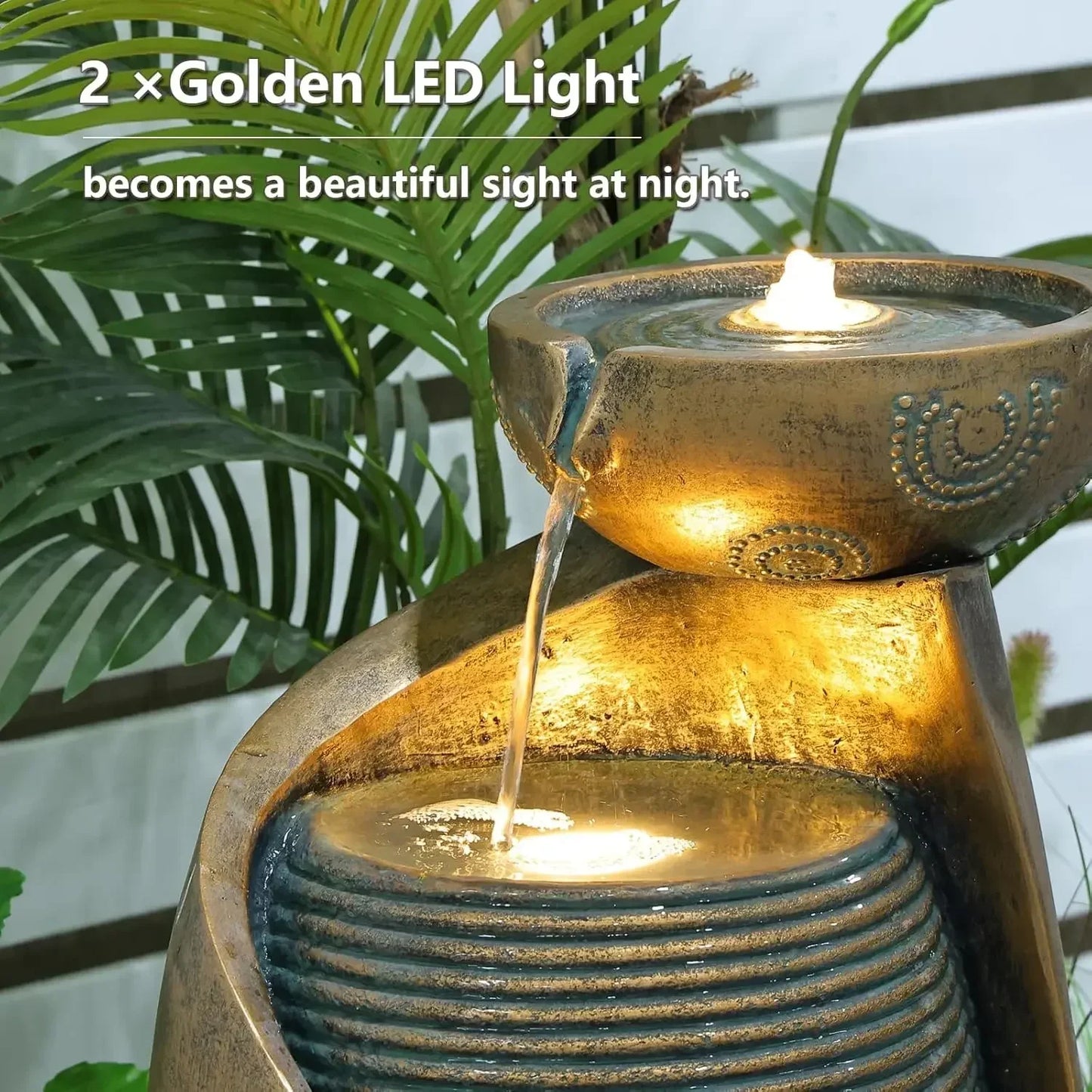 Outdoor Vase Waterfall Fountain With LED Lights And Durable Pump