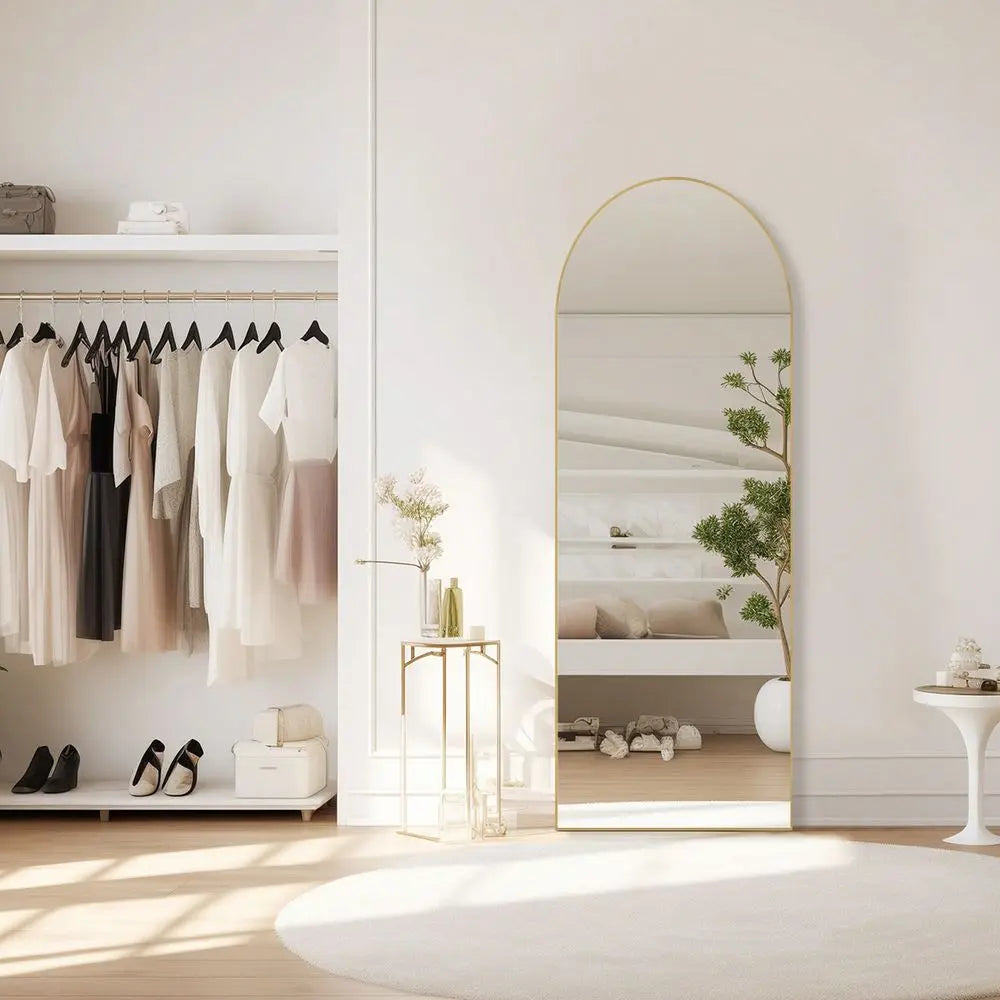 Full Length Floor Mirror With Stand Aluminum Frame Arched Design