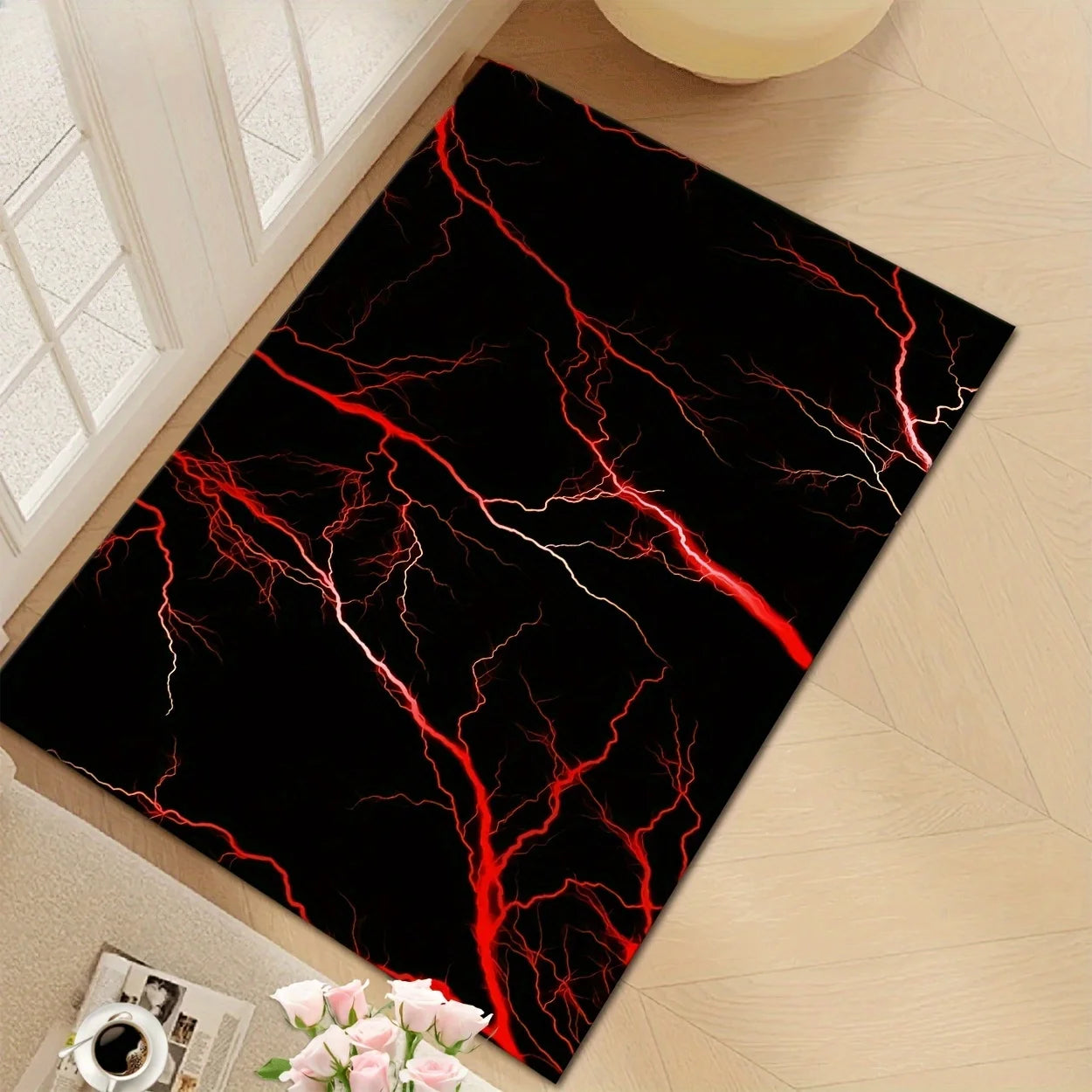 Lightning Polyester Mat Tibetan Design Non Slip Machine Washable Rug