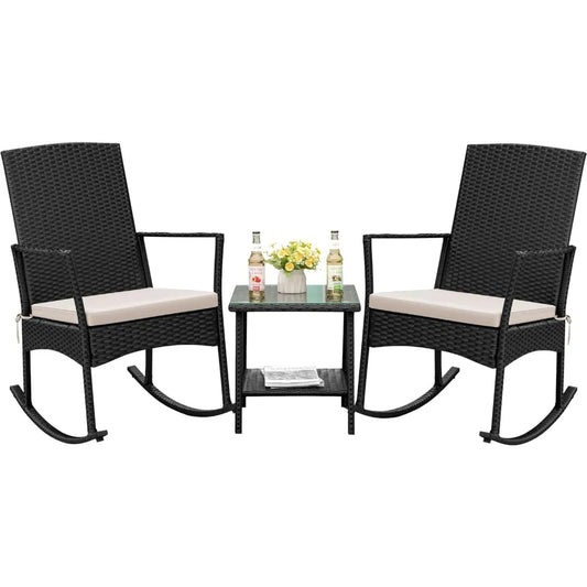 Flamaker Rocking Chair Outdoor PE Rattan Patio Chairs Glass Table High Back Porch Rocker for Balcony Garden Backyard (Beige)