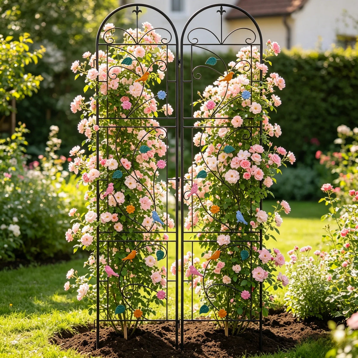 214CM Tall Metal Garden Trellis Rustic Iron Arch Decoration Support Trellis Fence Birds Flowers for Climbing Plants Roses Vine