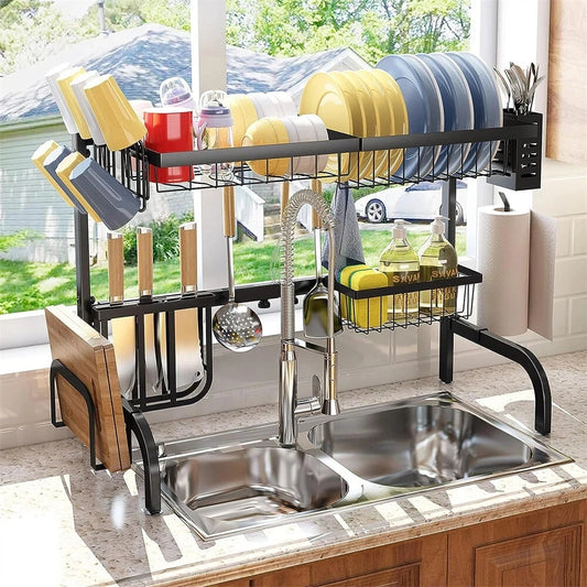 Stainless Steel Over The Sink Dish Rack With Utensil Holder