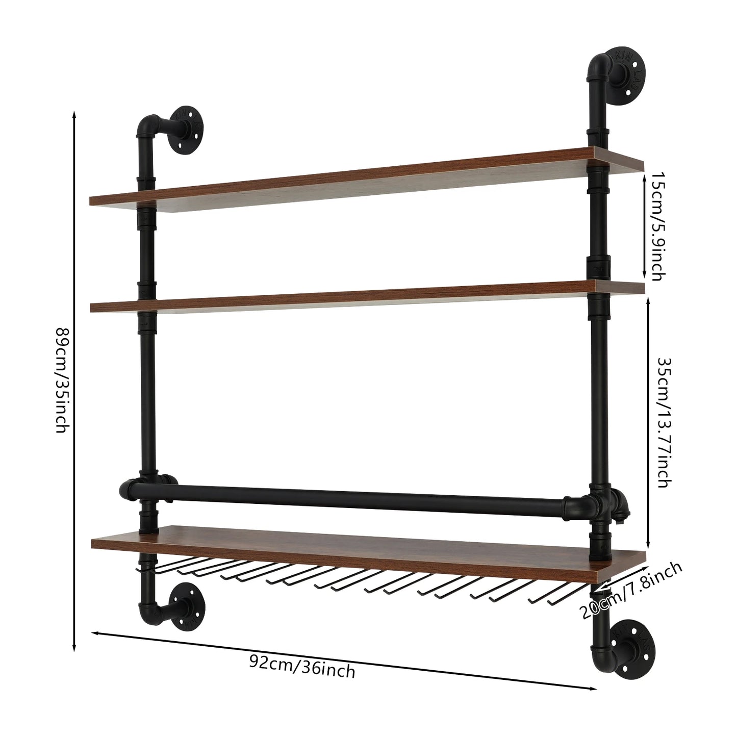 Wine Rack, Wall Mounted 3 Tier Industrial Style Wine Shelf 36 Inch 92cm, Wood and Metal for Wine Bottle Glass Storage