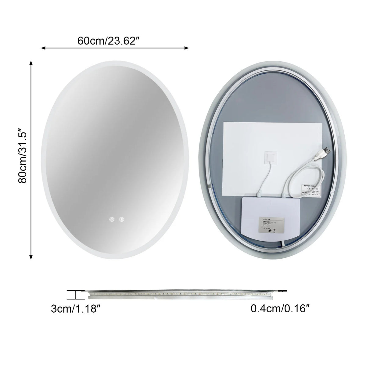 Oval LED Bathroom Mirror 70/80/90cm Tempered Glass Backlit Vanity Mirror Touch Anti-Fog Shatter-Proof Memory Dual Buttons for Shaving Making up