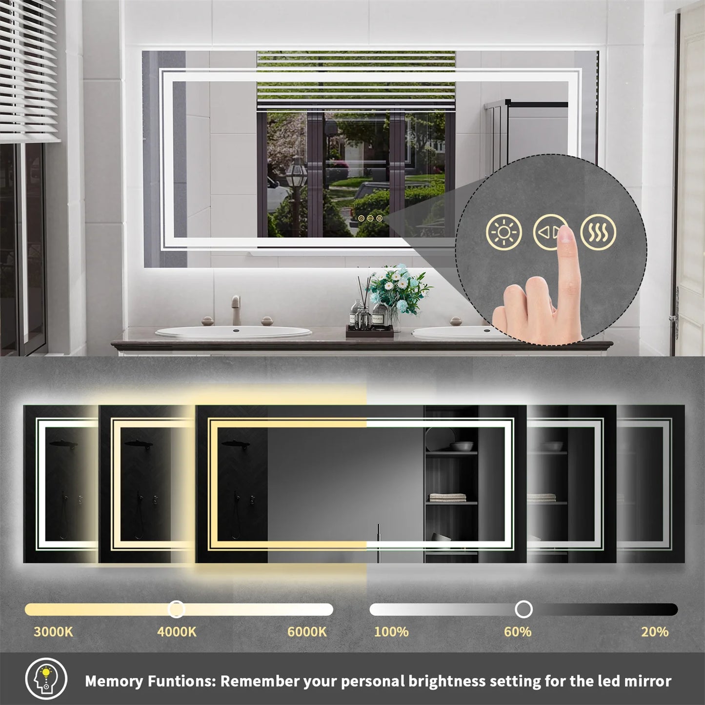 LED Backlit Bathroom Mirror With Dual Lights And Anti-Fog