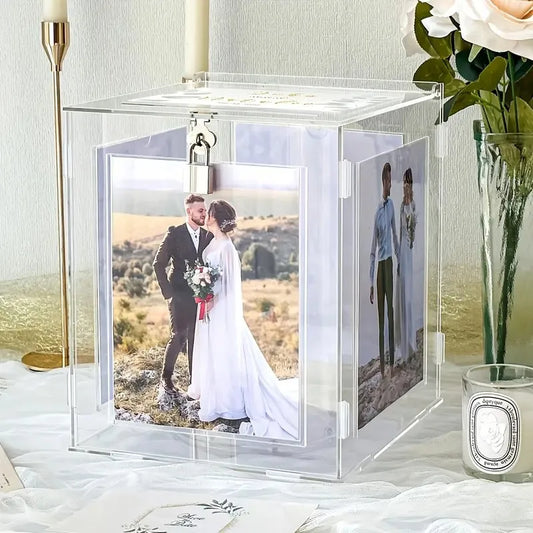 Acrylic Wedding Card Box With Picture Holder For Gifts And Envelopes