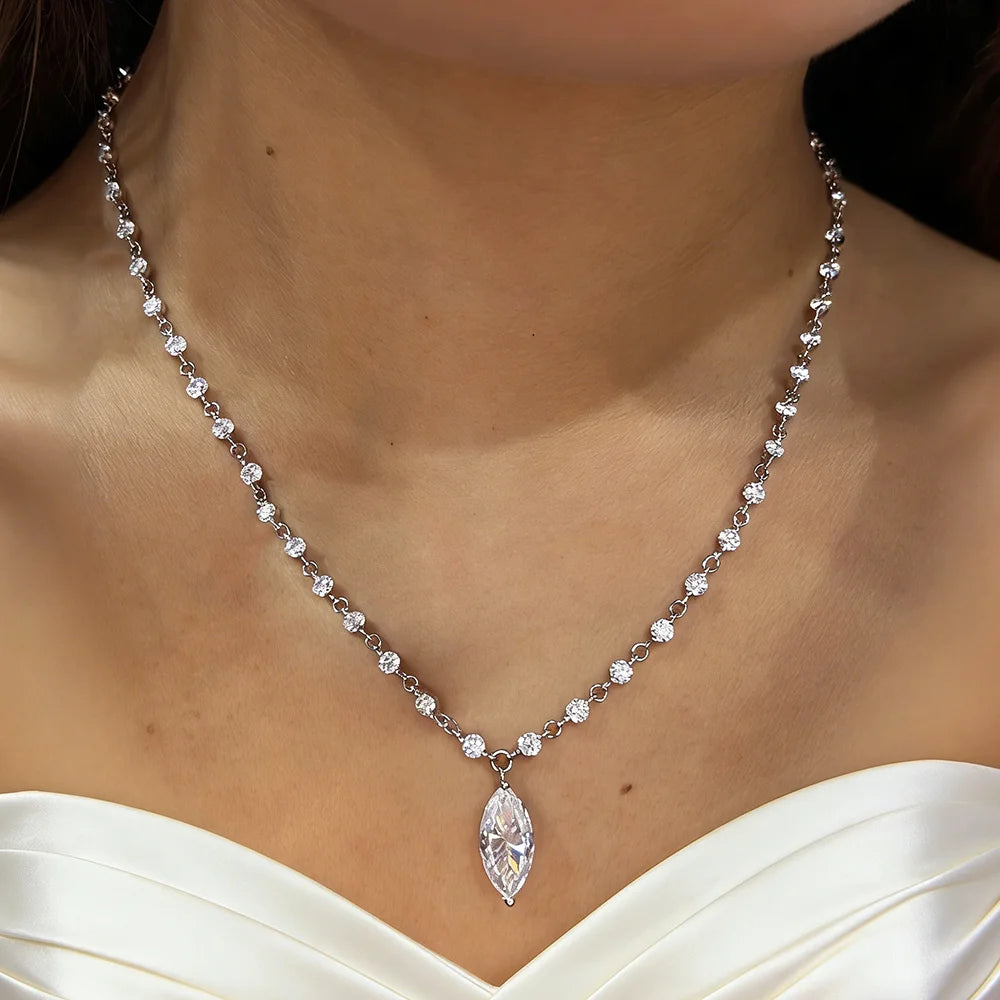 925 Sterling Silver Moissanite Tennis Necklace With Marquise Pendant