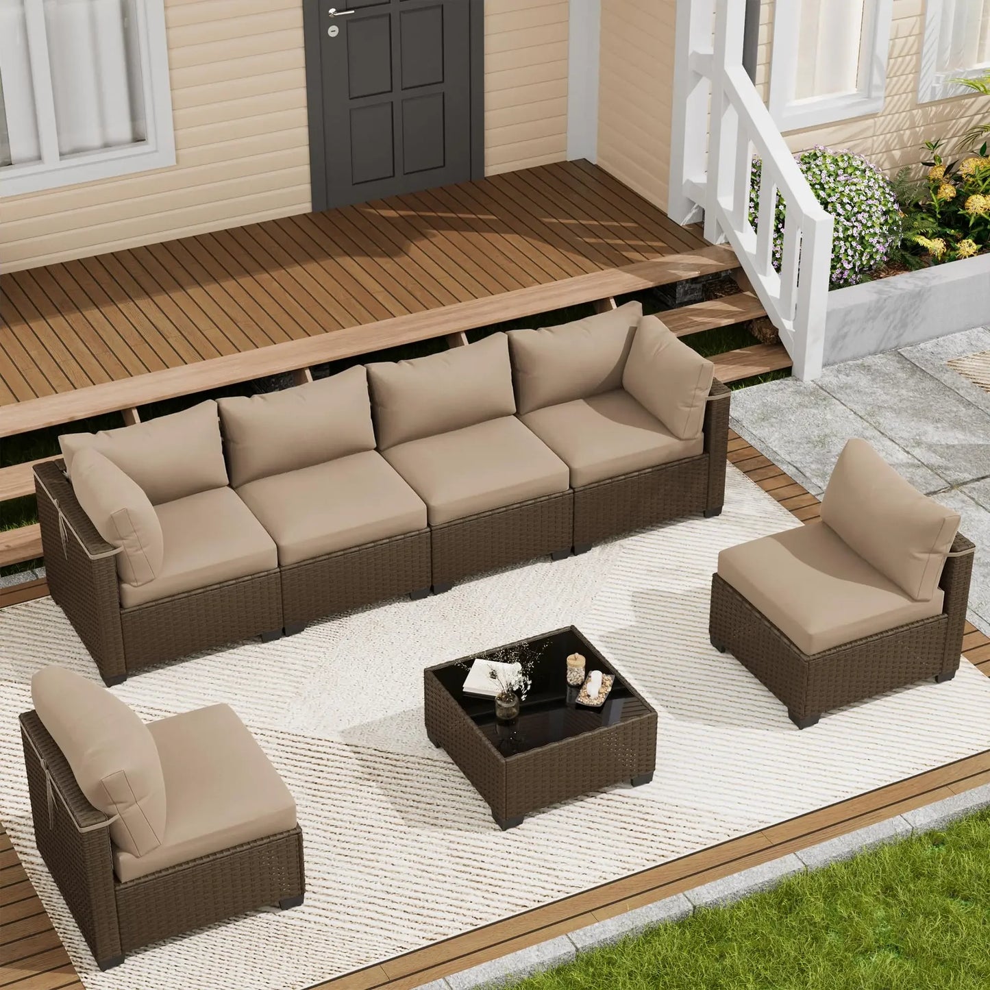 LOUVIXA 7 Piece Outdoor Patio Furniture Set, Outdoor Sectional Sofa, Wicker Rattan Patio Furniture, Patio Conversation Set