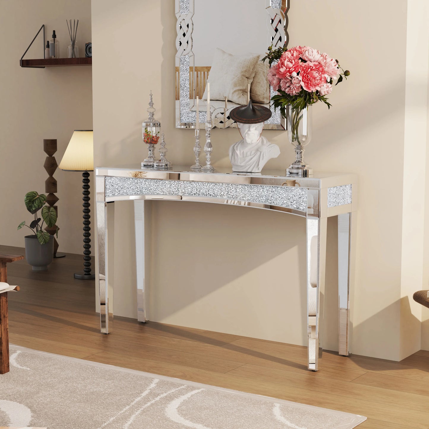 Silver Mirrored Console Table With Crystal Inlay For Living Room