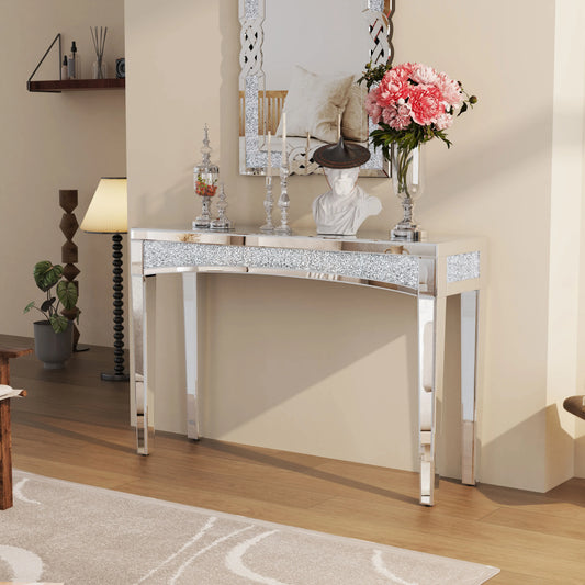 Silver Mirrored Console Table With Crystal Inlay For Living Room