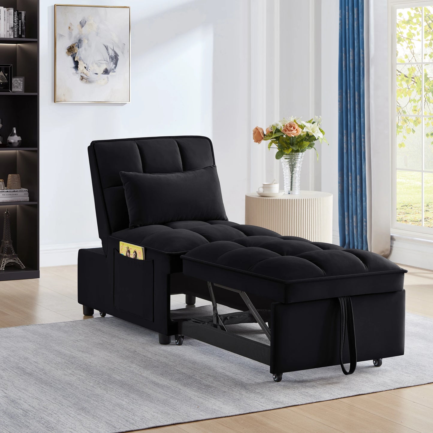 4-in-1 Multifunctional Single Sofa Bed with Storage Bag Tufted Single Sofa Bed Adjustable Backrest Pillows Convertible Chair