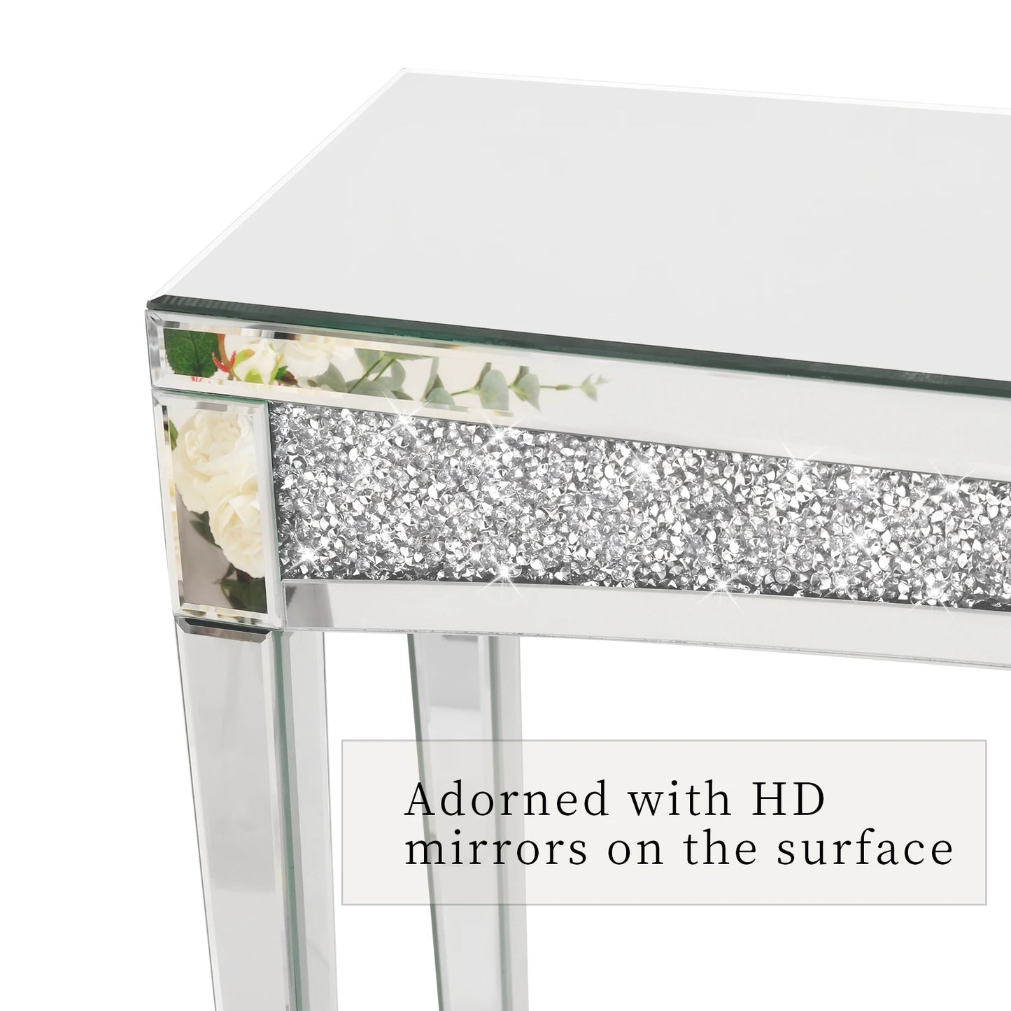 Silver Mirrored Console Table With Crystal Inlay For Living Room
