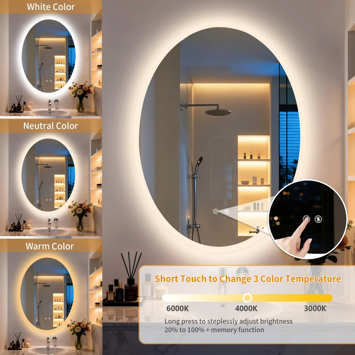 Oval LED Bathroom Mirror 70/80/90cm Tempered Glass Backlit Vanity Mirror Touch Anti-Fog Shatter-Proof Memory Dual Buttons for Shaving Making up
