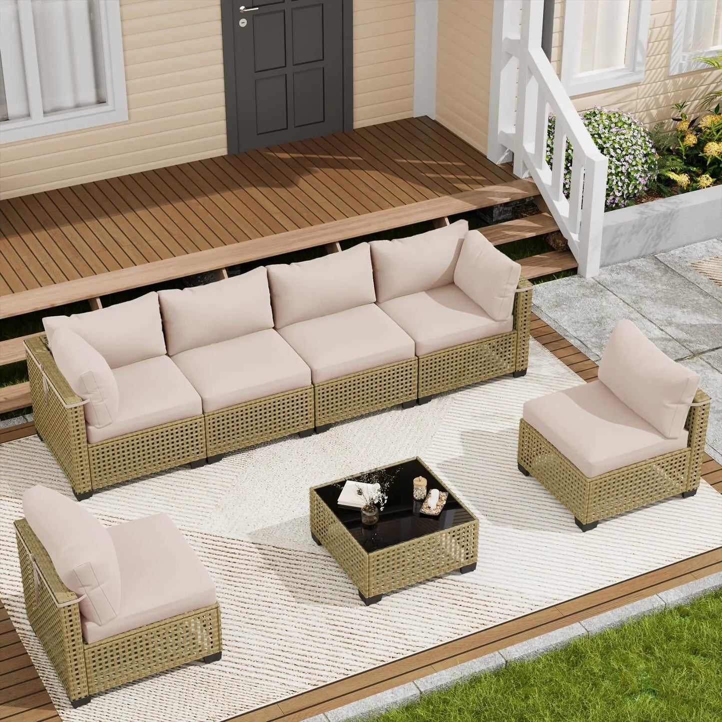 LOUVIXA 7 Piece Outdoor Patio Furniture Set, Outdoor Sectional Sofa, Wicker Rattan Patio Furniture, Patio Conversation Set