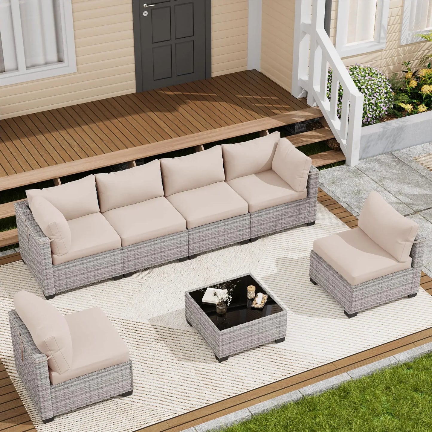 LOUVIXA 7 Piece Outdoor Patio Furniture Set, Outdoor Sectional Sofa, Wicker Rattan Patio Furniture, Patio Conversation Set