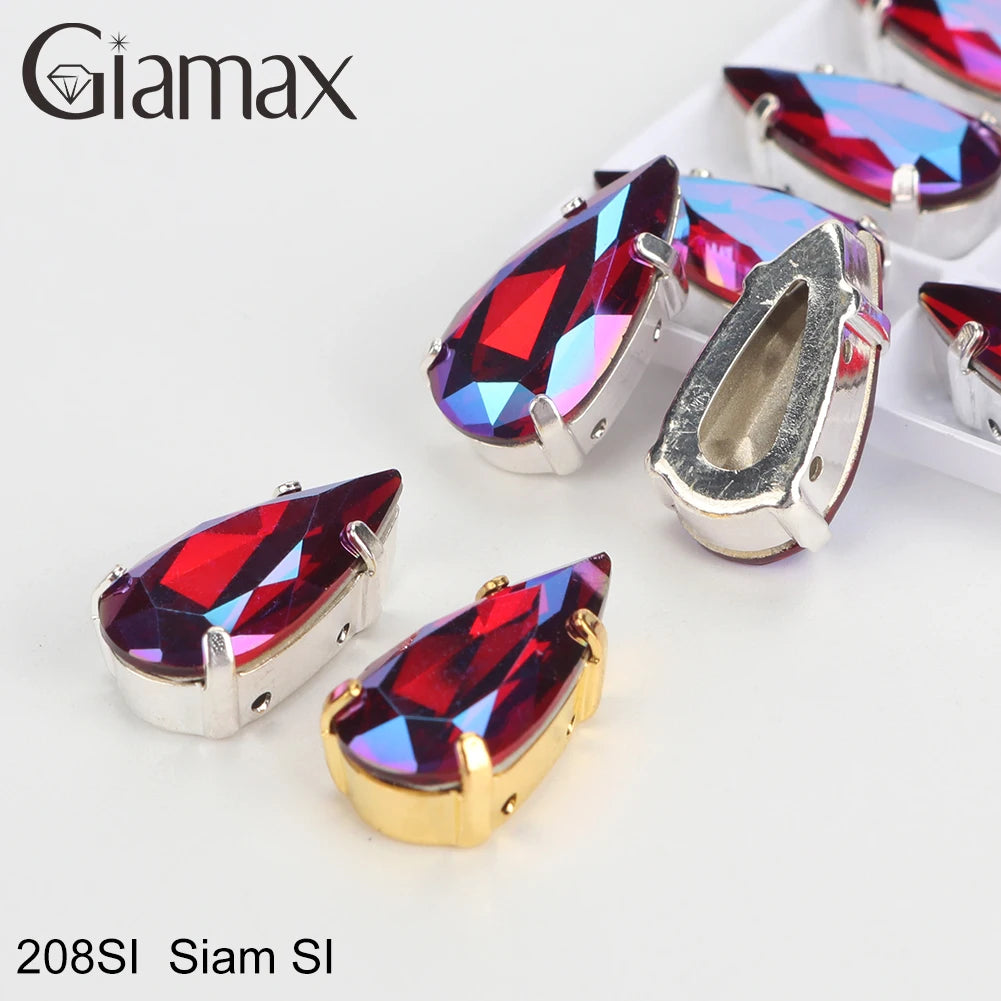 Giamax Tear Drop Glass Crystal Sewing Stone Sew on Rhinestones Gold Silver Claw Rhinestones For Garment Clothes Bags
