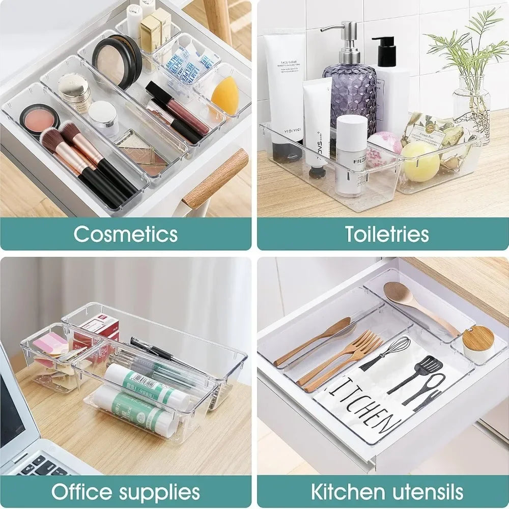 Clear Plastic Drawer Organizer Set 25 Compartments for Desk Storage