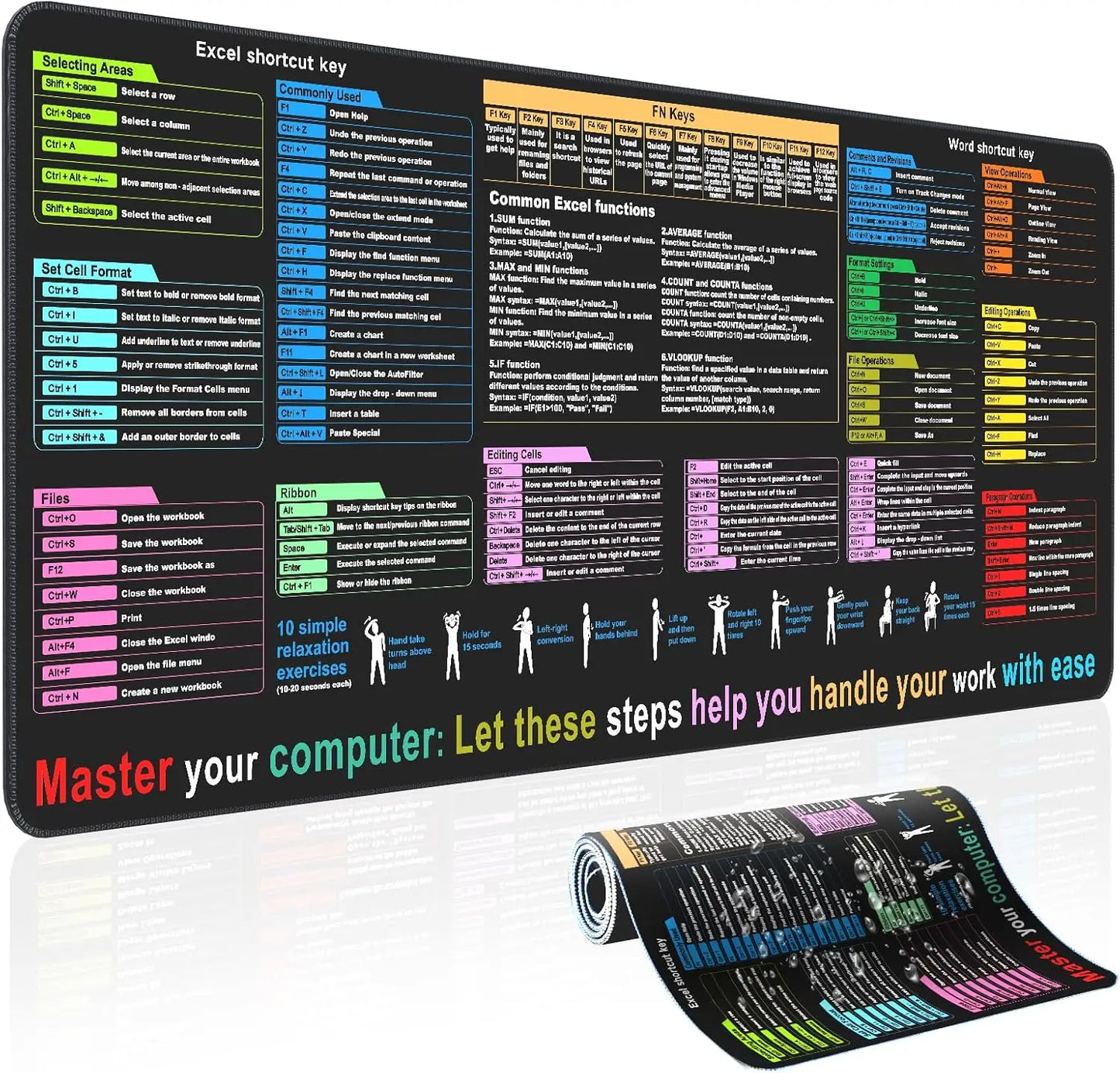 Excel And Word Shortcut Desk Pad With Waterproof Non Slip