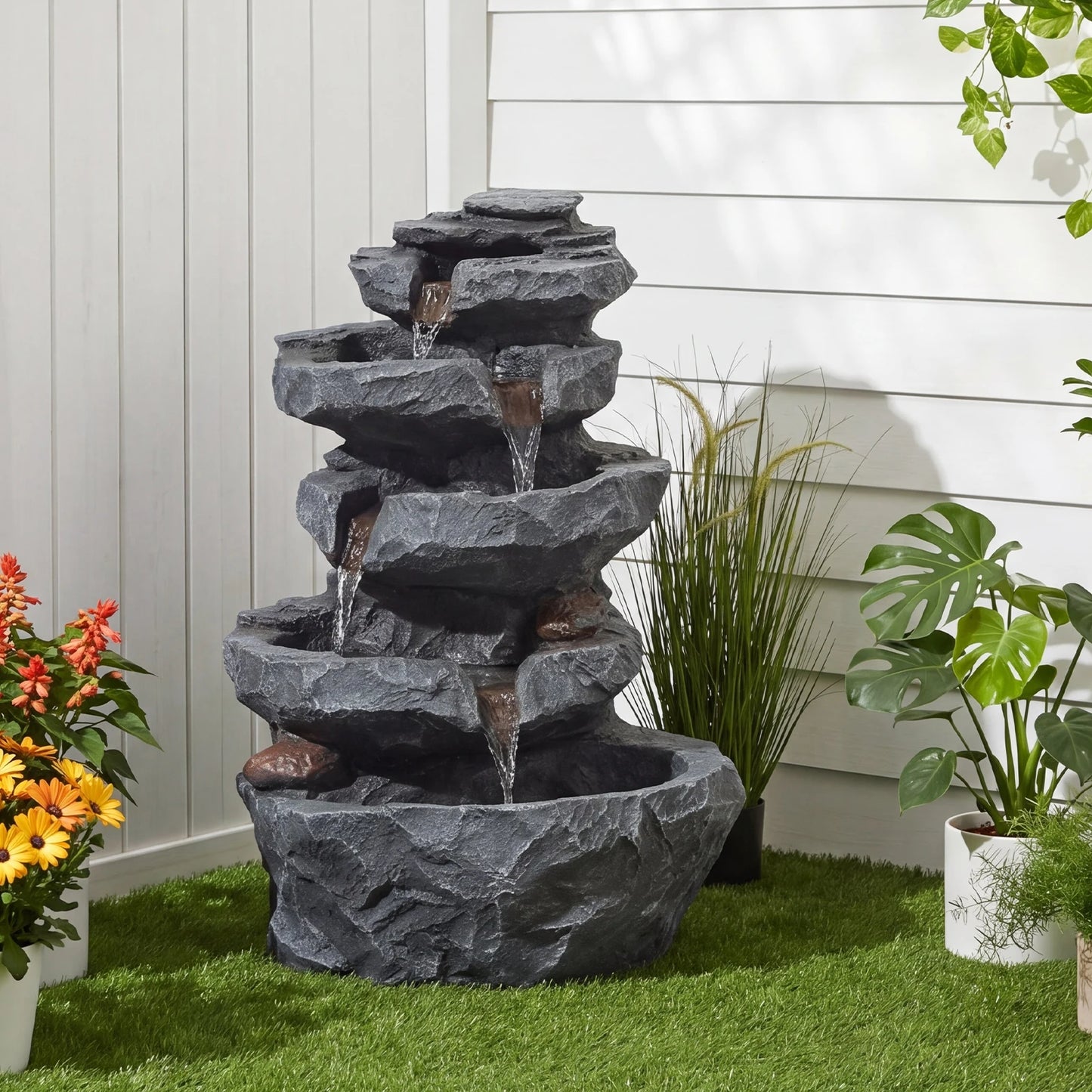 5-Tier Cascading Rock Outdoor Water Fountain With 4 LED Lights For Garden