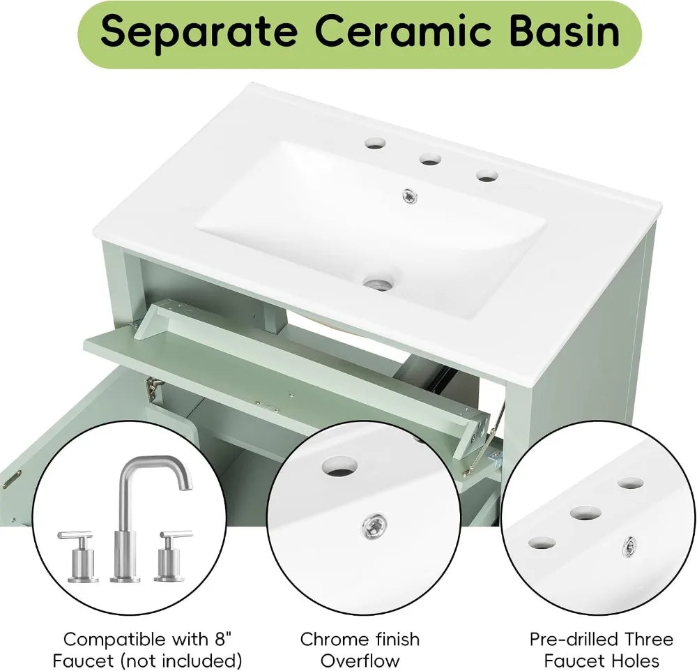 30" Modern Bathroom Vanity with Sink, Solid Wood Storage Cabinet, 3 Drawers, Soft Close Door, Adjustable Shelves, Green