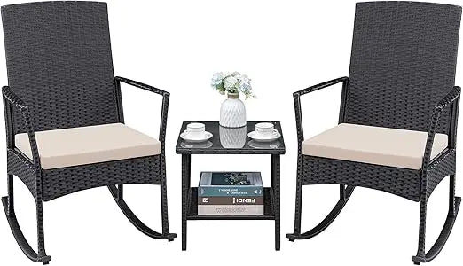 Patio Furniture Set Outdoor Wicker Rocking Chairs Glass Coffee Table