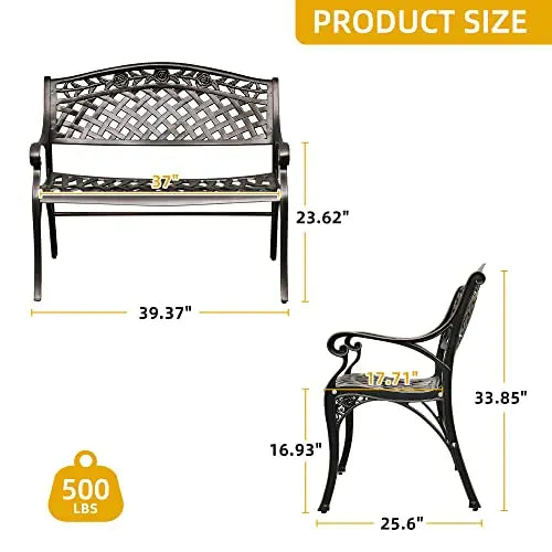 Elegant 39.4 Inch Cast Aluminum Two-Seat Outdoor Bench With Rose Motif Lattice Back And Armrests For Patio Garden Deck