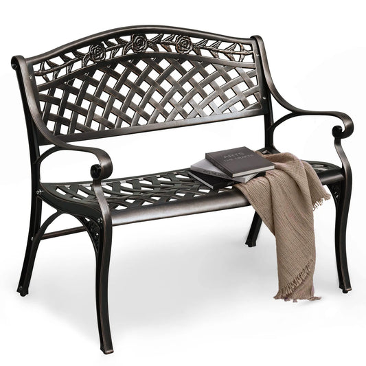 Elegant 39.4 Inch Cast Aluminum Two-Seat Outdoor Bench With Rose Motif Lattice Back And Armrests For Patio Garden Deck