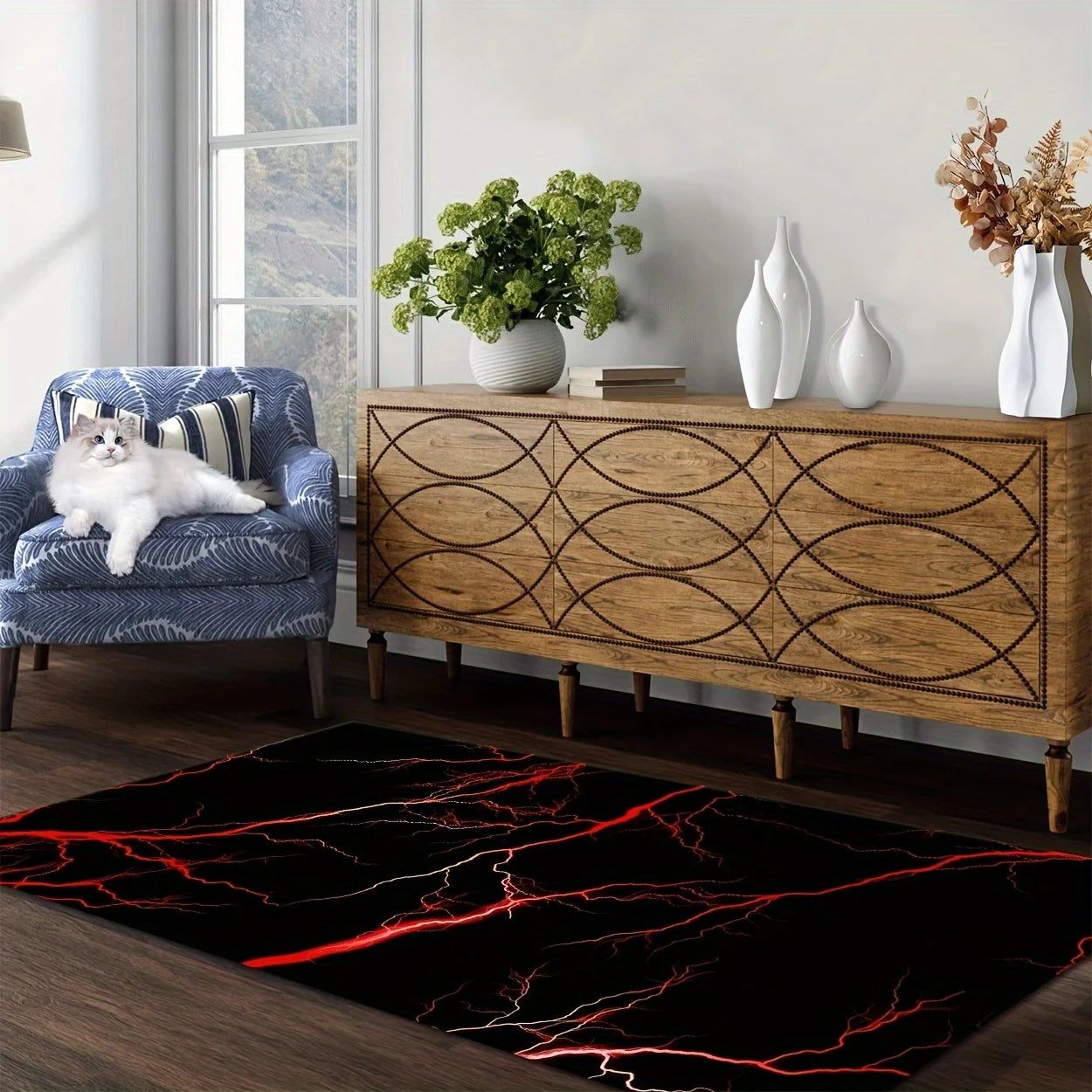 Lightning Polyester Mat Tibetan Design Non Slip Machine Washable Rug