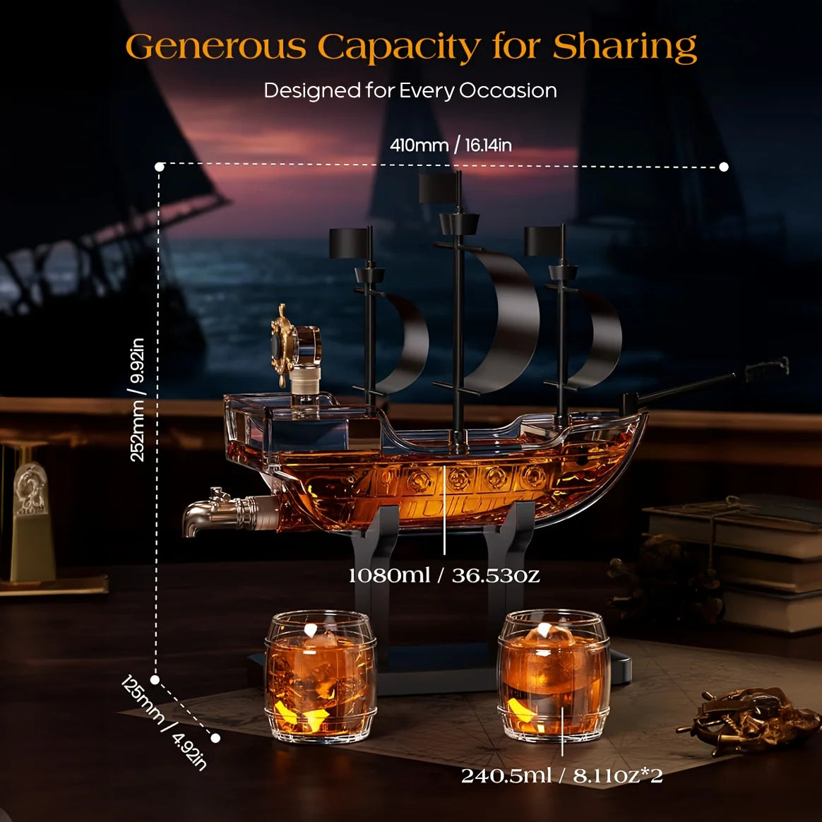 Kollea Father's Day Mother's Day Birthday Gifts for Men Dad, Pirate Ship Whiskey Decanter Set with 2 Glasses, Liquor Dispenser for Home Bar, Funny Gift Ideas for Him, Husband, Father, Boyfriend, Anniversary, Sailor & Captain